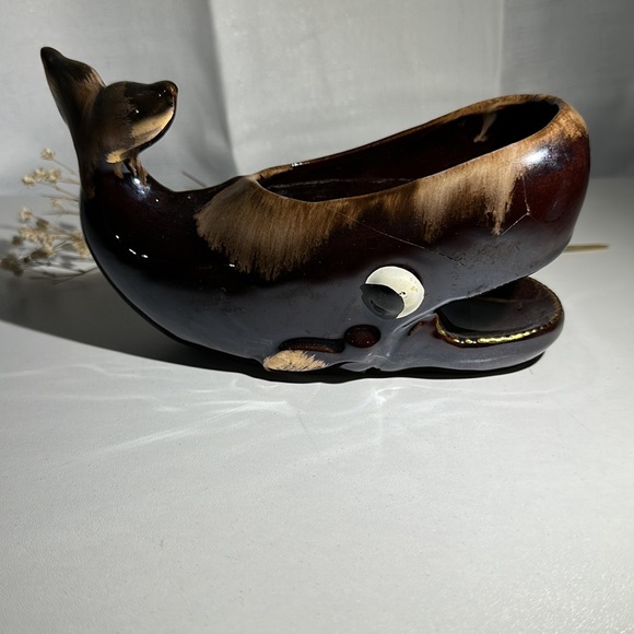 🔸🔺SOLD🔺🔸Vintage MCM Kitschy Redware Brown Drip Glaze Whale Planter - Picture 4 of 8